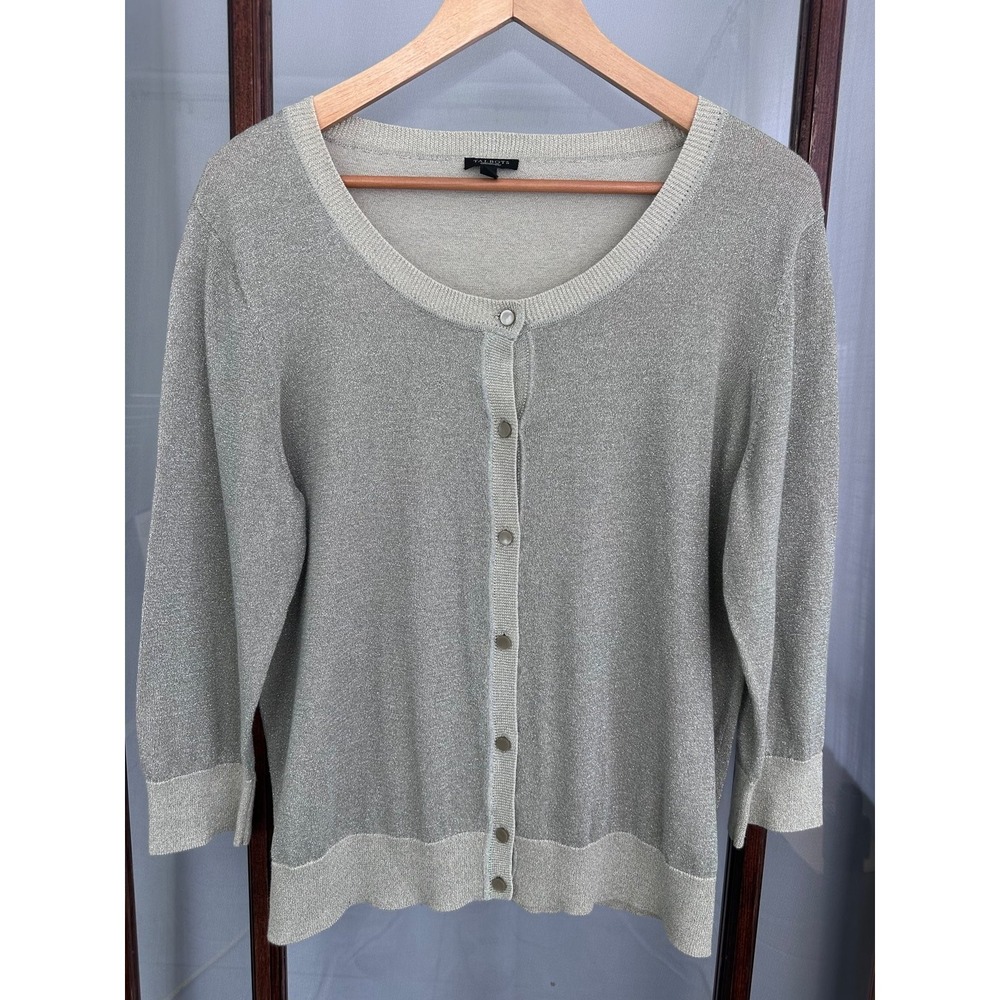 Talbots Cotton Blend Metallic Cardigan XL Beige Silver Long Sleeve Button‎ Front